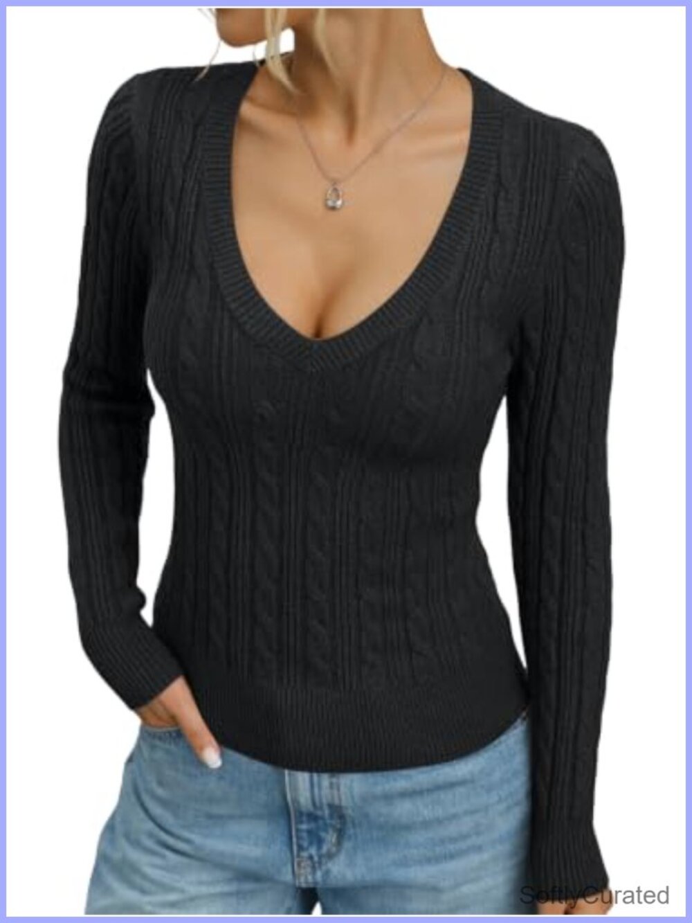 V Neck Cable Knit Sweater Sexy Fitted Chunky Pullover Top